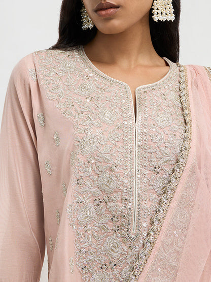 Vark Light Pink Embroidered A-Line Kurti, Sharara and Dupatta Set