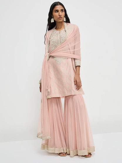 Vark Light Pink Embroidered A-Line Kurti, Sharara and Dupatta Set