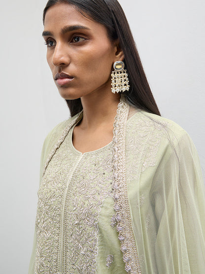 Vark Mint Embroidered A-Line Kurti, Sharara and Dupatta Set