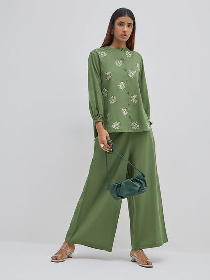 Utsa Green Floral Embroidered A-Line Cotton Tunic