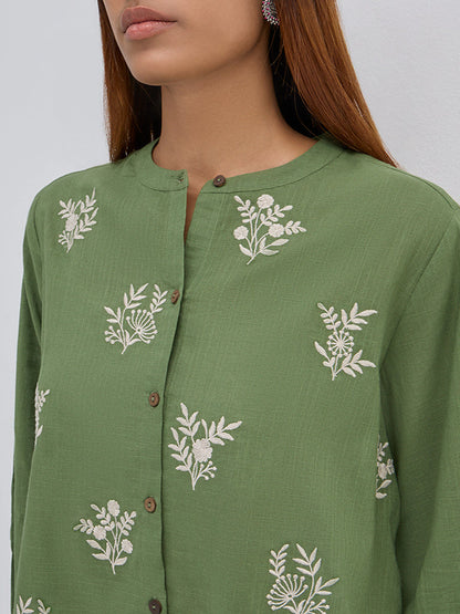 Utsa Green Floral Embroidered A-Line Cotton Tunic