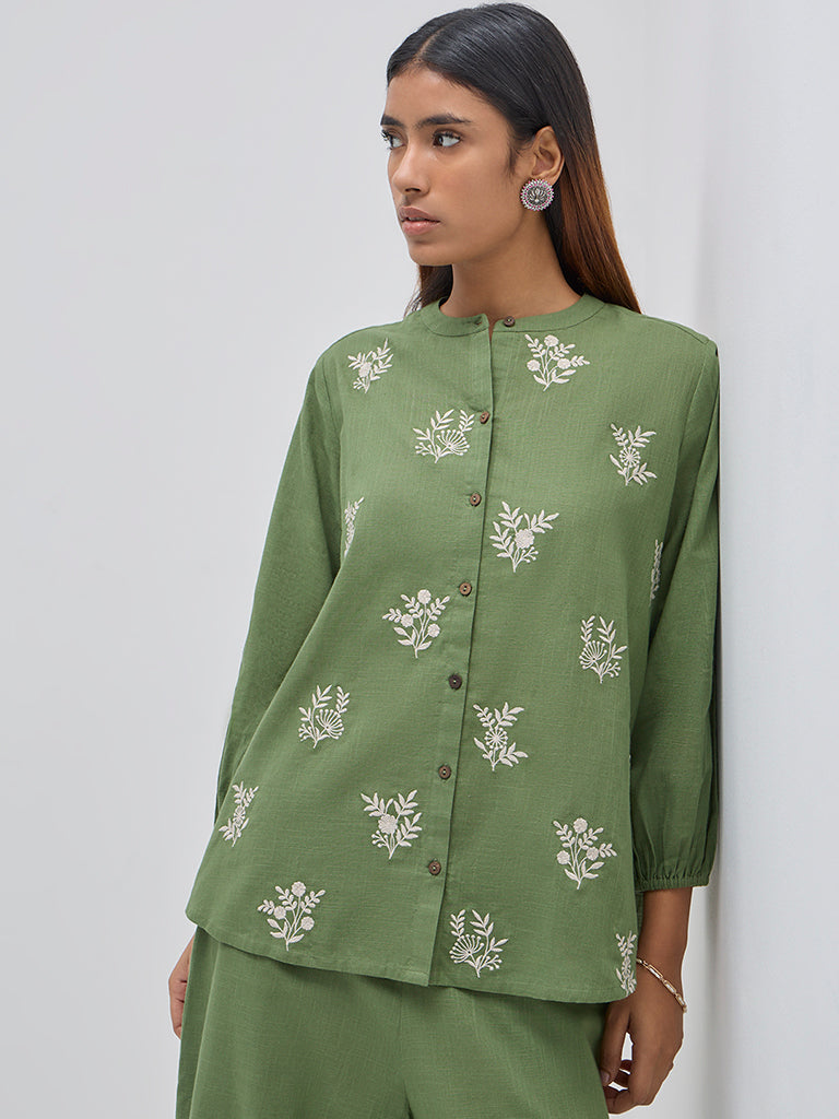 Utsa Green Floral Embroidered A-Line Cotton Tunic