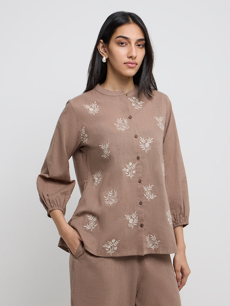 Utsa Taupe Floral Embroidered Cotton Tunic