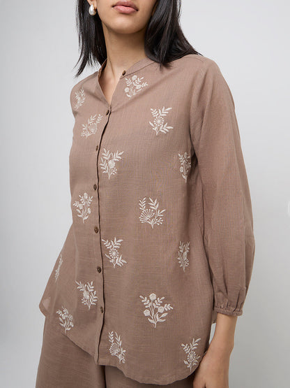 Utsa Taupe Floral Embroidered Cotton Tunic