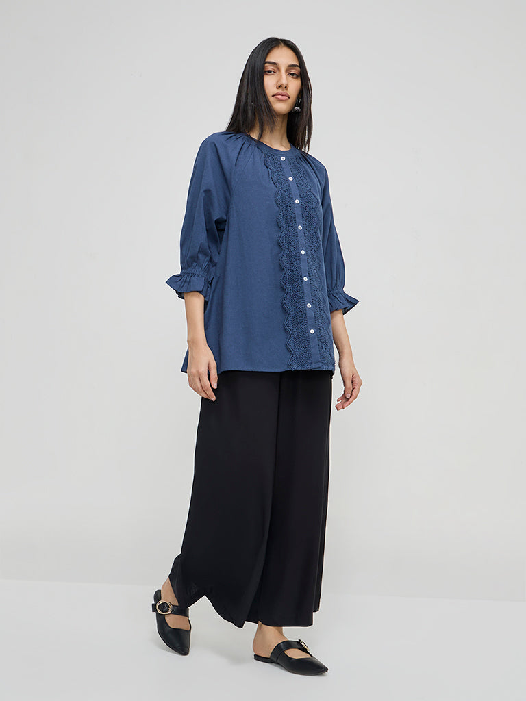 Utsa Indigo Lace-Detailed Straight Cotton Blend Tunic