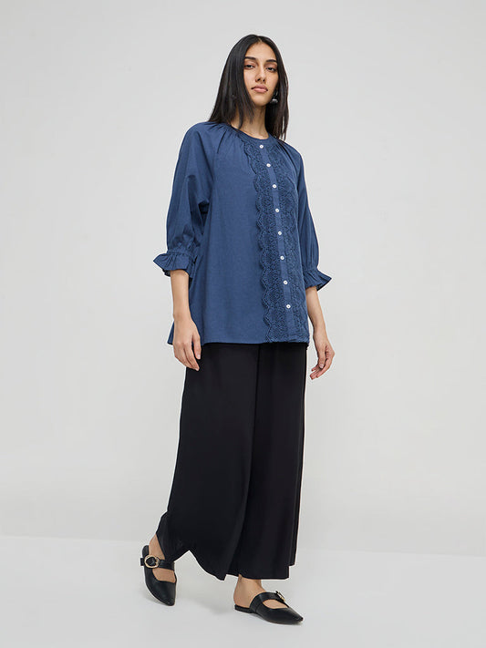 Utsa Indigo Lace-Detailed Straight Cotton-Blend Tunic