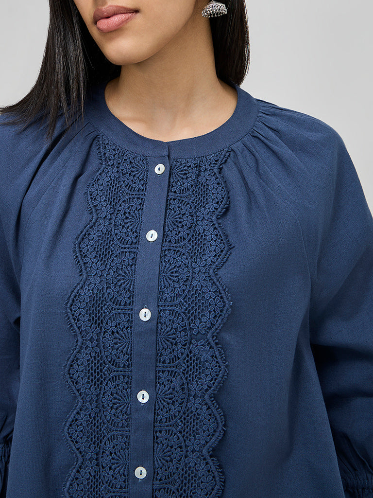 Utsa Indigo Lace-Detailed Straight Cotton Blend Tunic