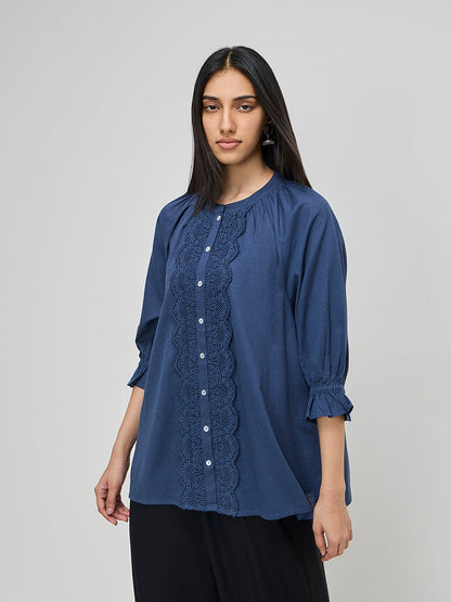 Utsa Indigo Lace-Detailed Straight Cotton Blend Tunic