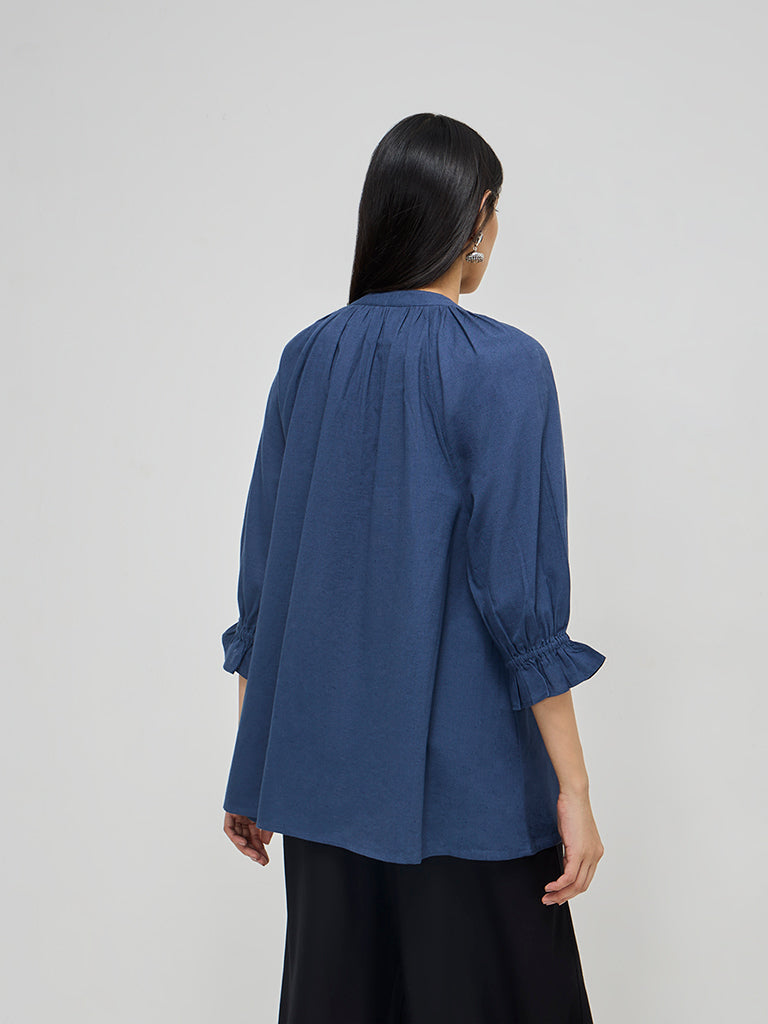 Utsa Indigo Lace-Detailed Straight Cotton Blend Tunic