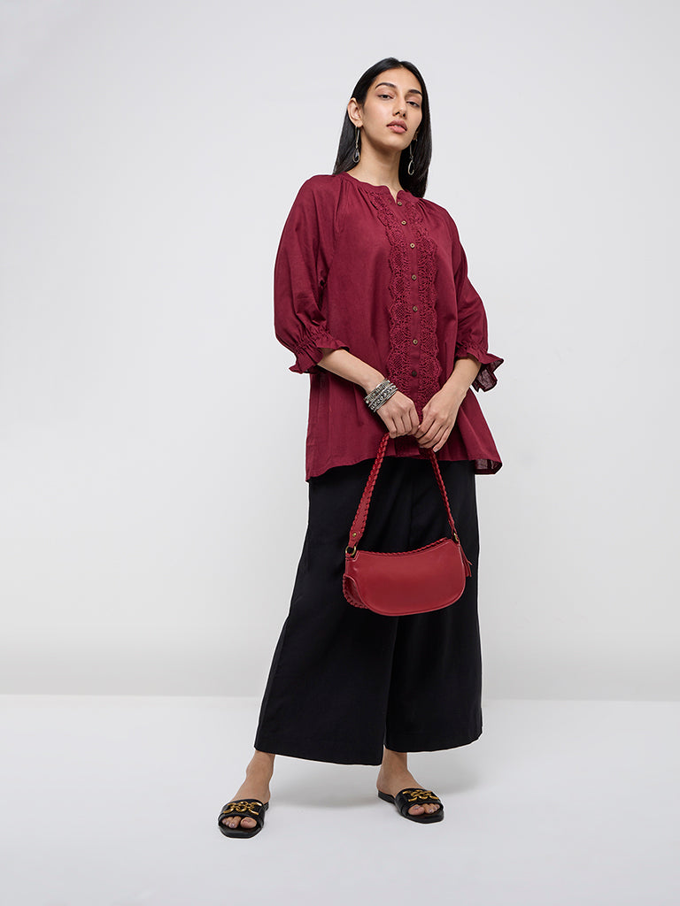 Utsa Red Lace-Detailed Straight Cotton Blend Tunic