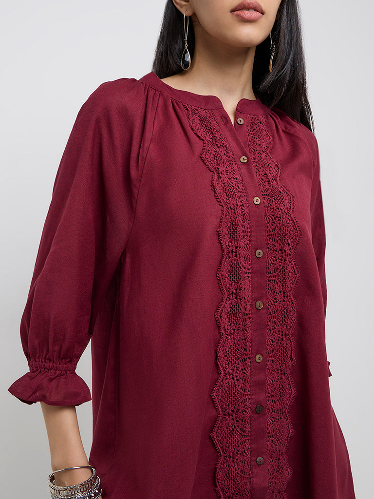 Utsa Red Lace-Detailed Straight Cotton Blend Tunic