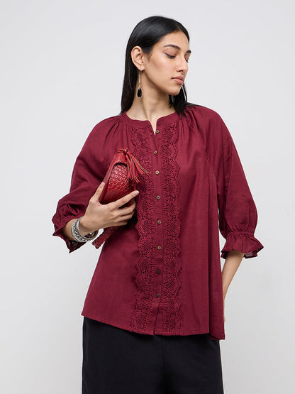 Utsa Red Lace-Detailed Straight Cotton Blend Tunic