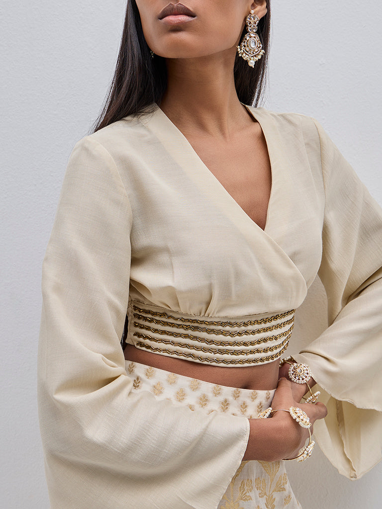 Vark Beige Embellished Wrap-Style Top