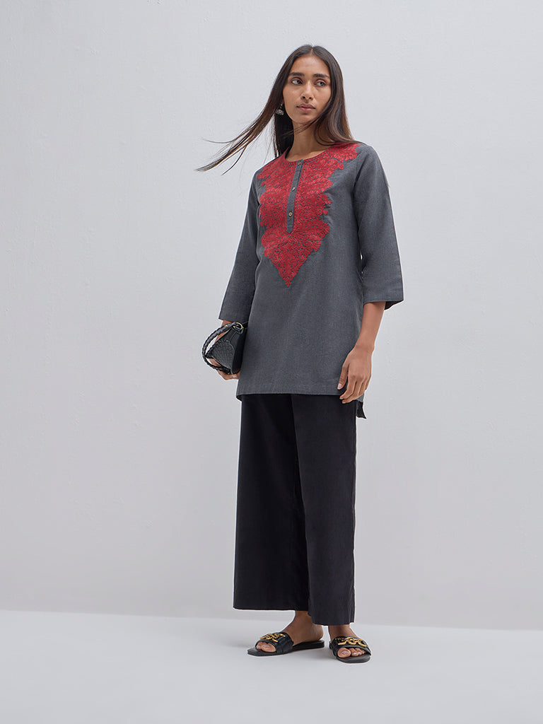 Utsa Charcoal Embroidered Cotton Straight Kurti