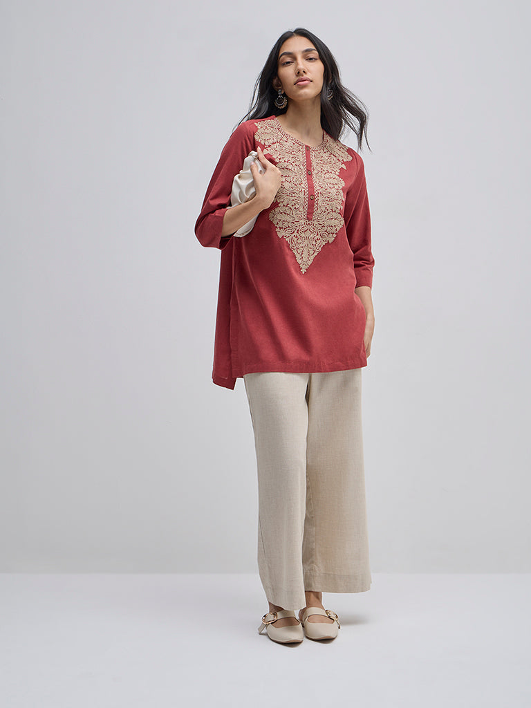 Utsa Maroon Embroidered Straight Cotton Kurti