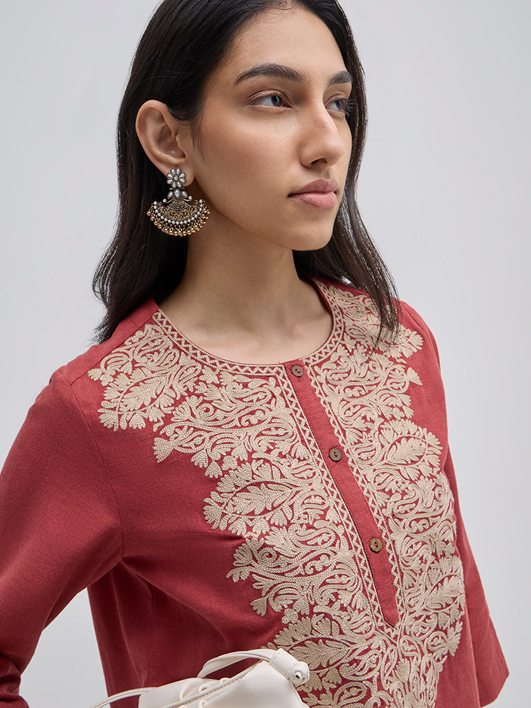 Utsa Maroon Embroidered Straight Cotton Kurti