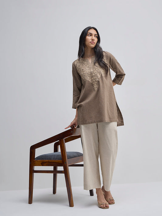 Utsa Taupe Embroidered Straight Cotton Kurti