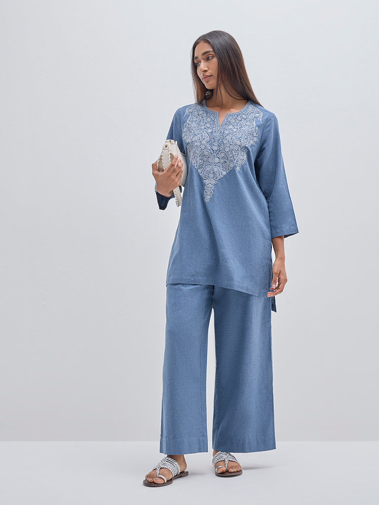 Utsa Blue Paisley Embroidered Cotton Straight Kurti