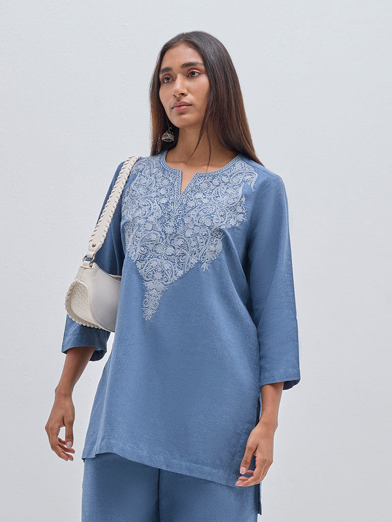 Utsa Blue Paisley Embroidered Cotton Straight Kurti