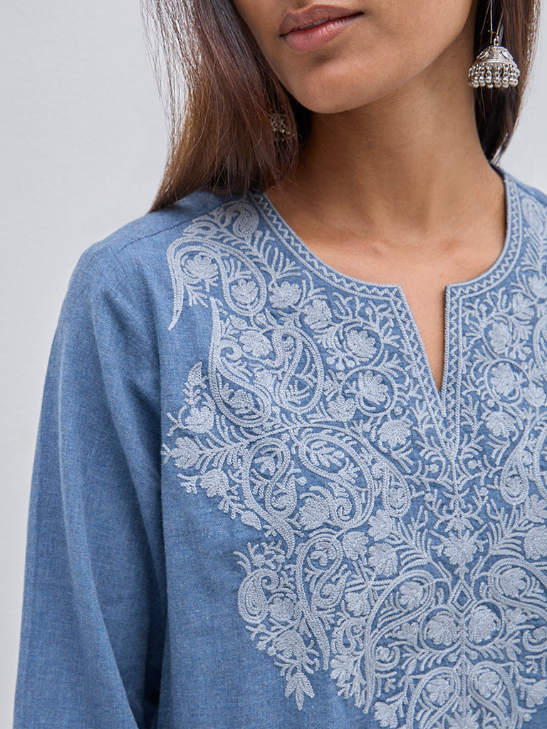 Utsa Blue Paisley Embroidered Cotton Straight Kurti