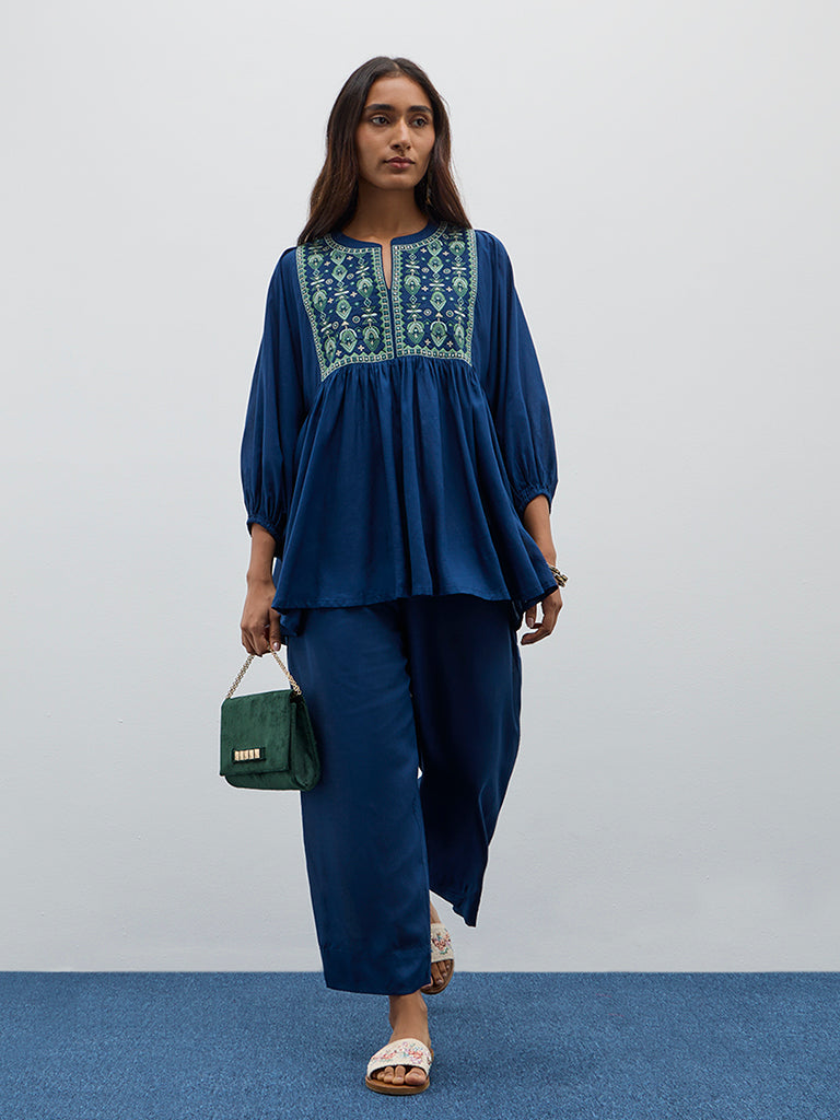 Utsa Indigo Embroidered Fit-and-Flare Kurti