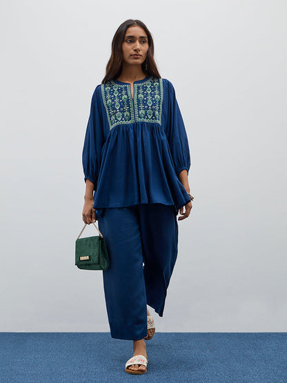 Utsa Indigo Embroidered Fit-and-Flare Kurti