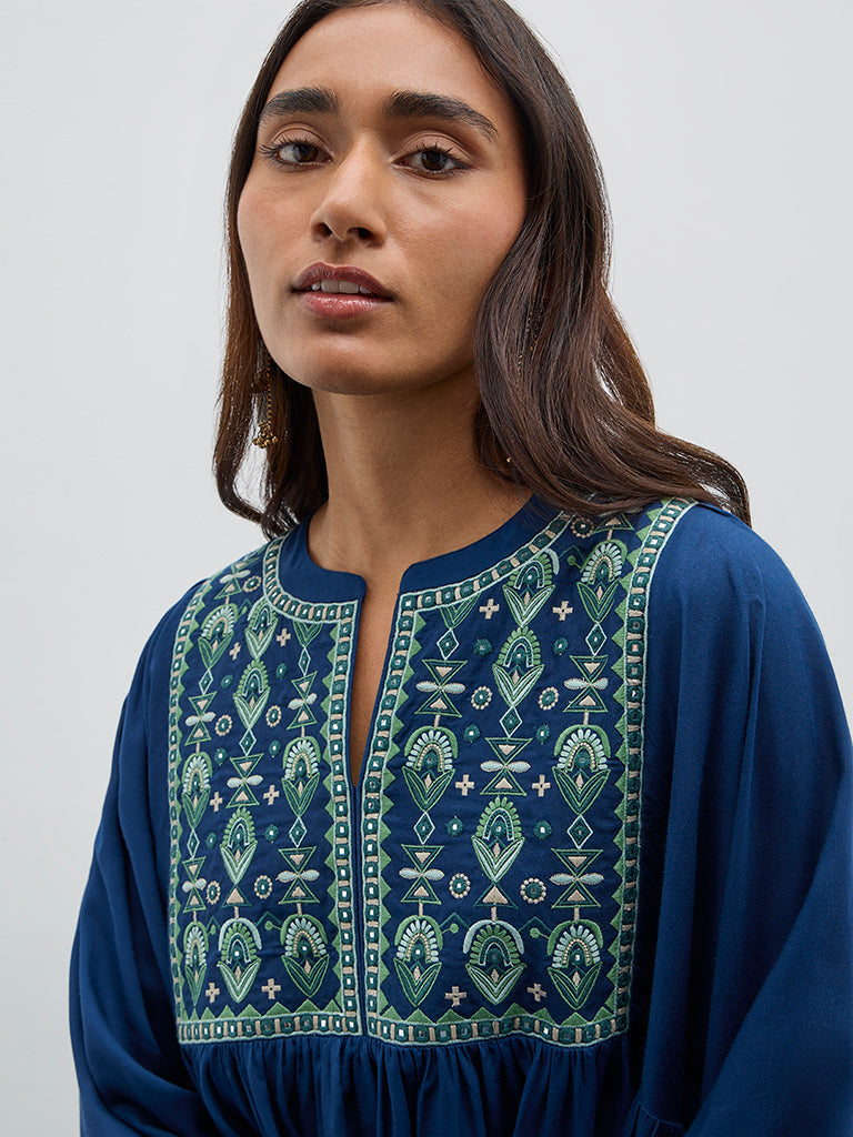 Utsa Indigo Embroidered Fit-and-Flare Kurti