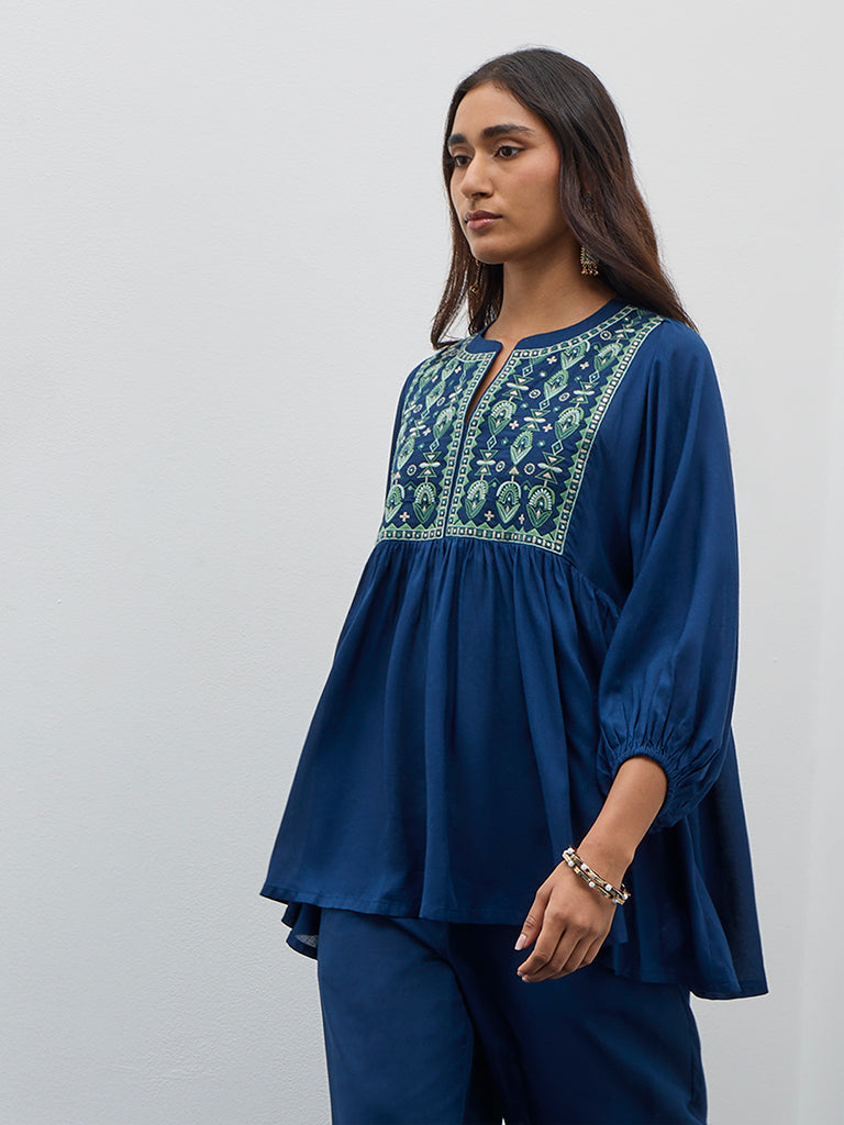 Utsa Indigo Embroidered Fit-and-Flare Kurti