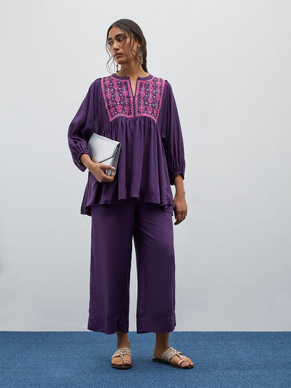 Utsa Purple Embroidered Fit-and-Flare Kurti