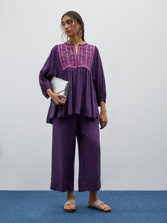 Utsa Purple Embroidered Fit-and-Flare Kurti