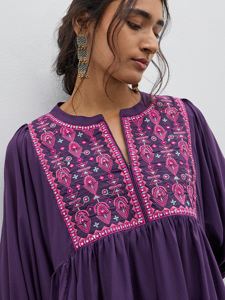 Utsa Purple Embroidered Fit-and-Flare Kurti