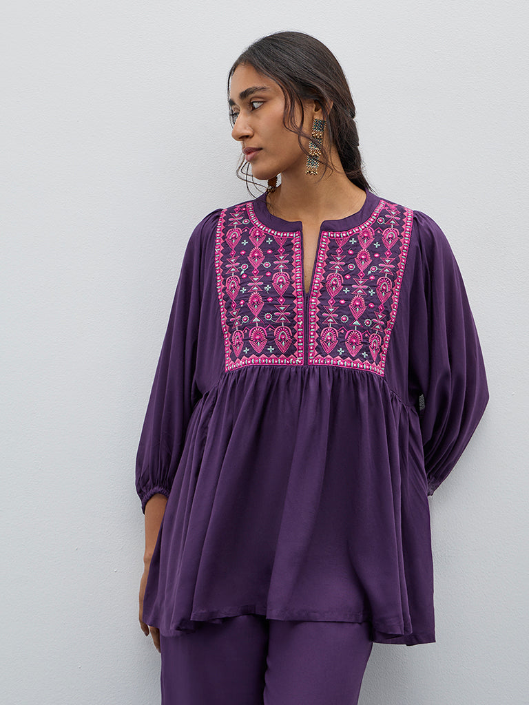 Utsa Purple Embroidered Fit-and-Flare Kurti