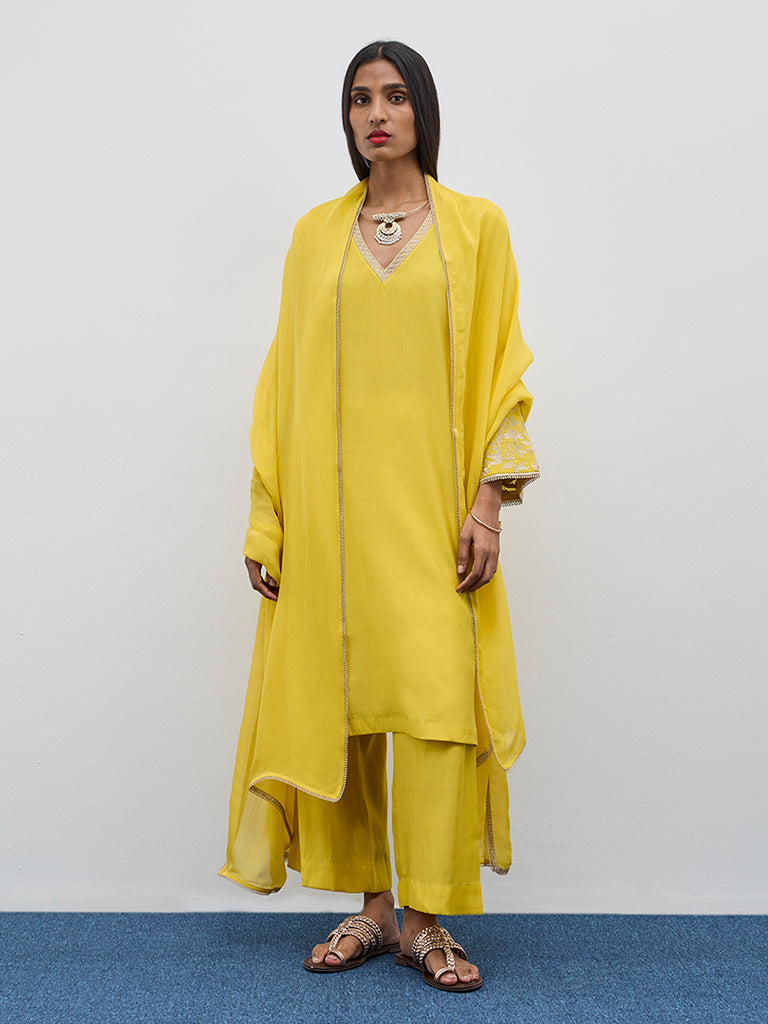 Vark Yellow Embroidered A-Line Kurta, Pants and Dupatta Set