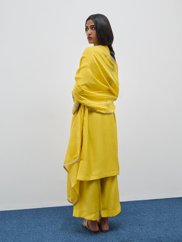 Vark Yellow Embroidered A-Line Kurta, Pants and Dupatta Set