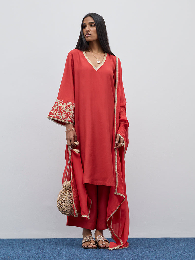 Vark Red Embroidered A-Line Kurta, Pants and Dupatta Set