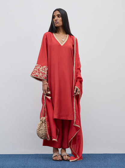 Vark Red Embroidered A-Line Kurta, Pants and Dupatta Set