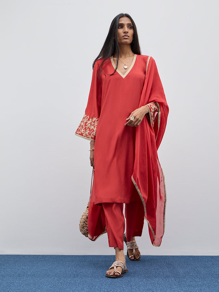 Vark Red Embroidered A-Line Kurta, Pants and Dupatta Set