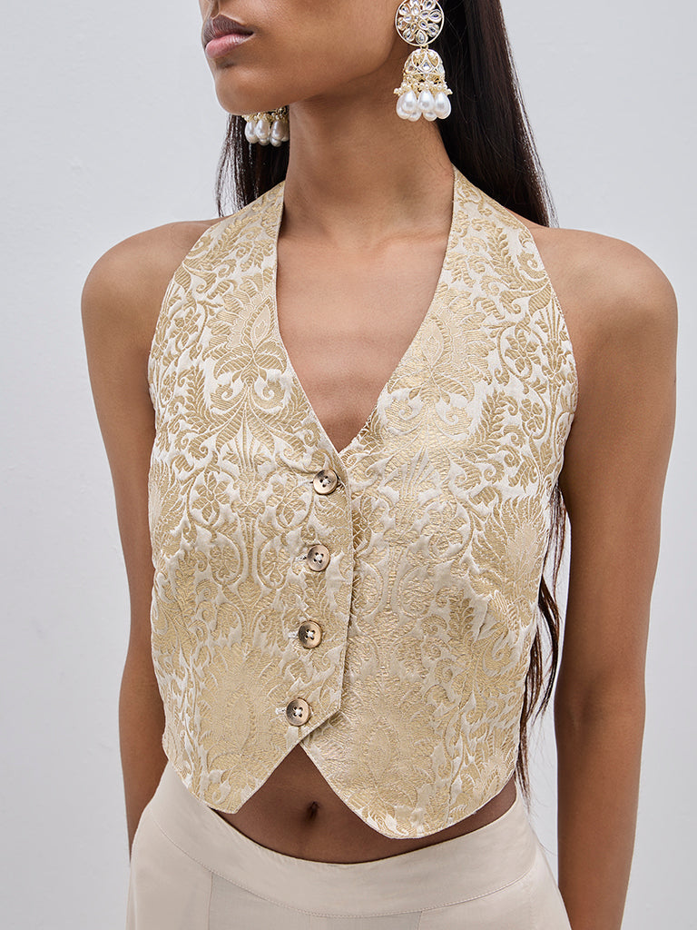 Vark Off-White Brocade Design Halter Neck Top