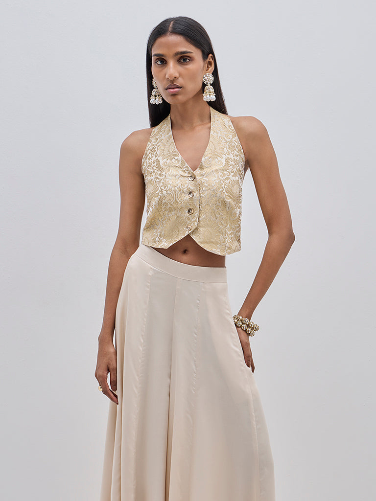 Vark Off-White Brocade Design Halter Neck Top