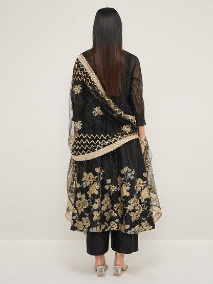 Vark Black Floral Printed A-Line Kurta, Inner, Ethnic Pants and Dupatta Set