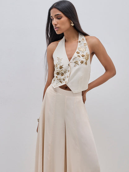 Vark Beige Embellished Halter Neck Top