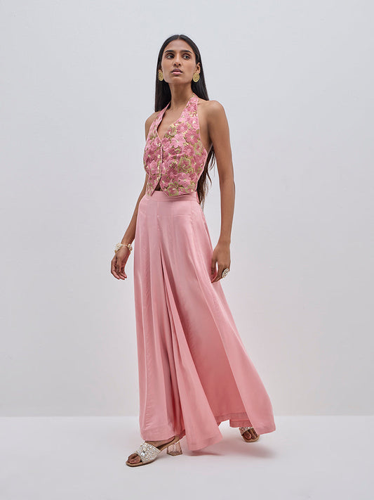 Vark Pink Floral Embroidered Halter Neck Top