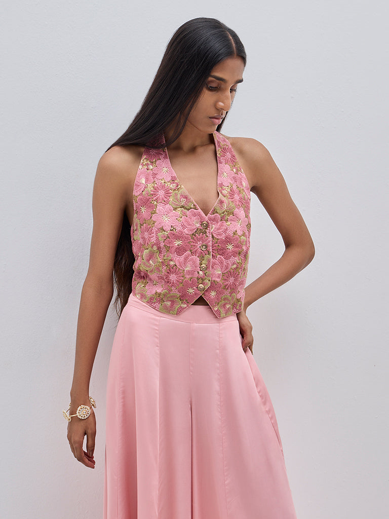 Vark Pink Floral Embroidered Halter Neck Top