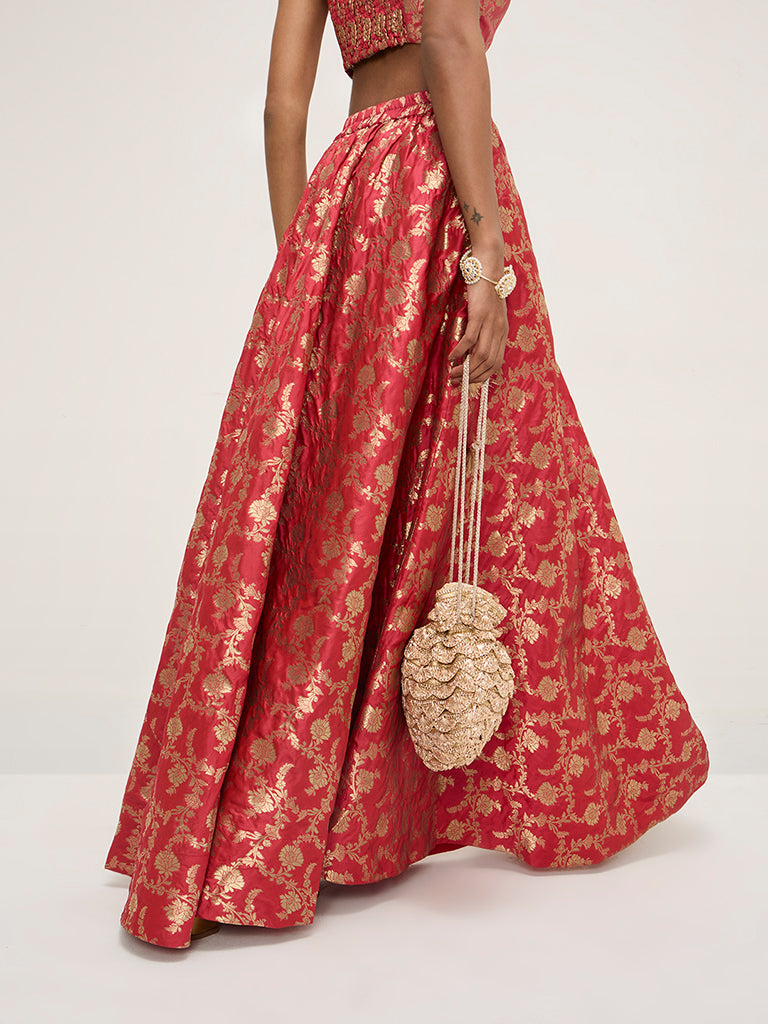 Vark Red Brocade High-Rise Skirt