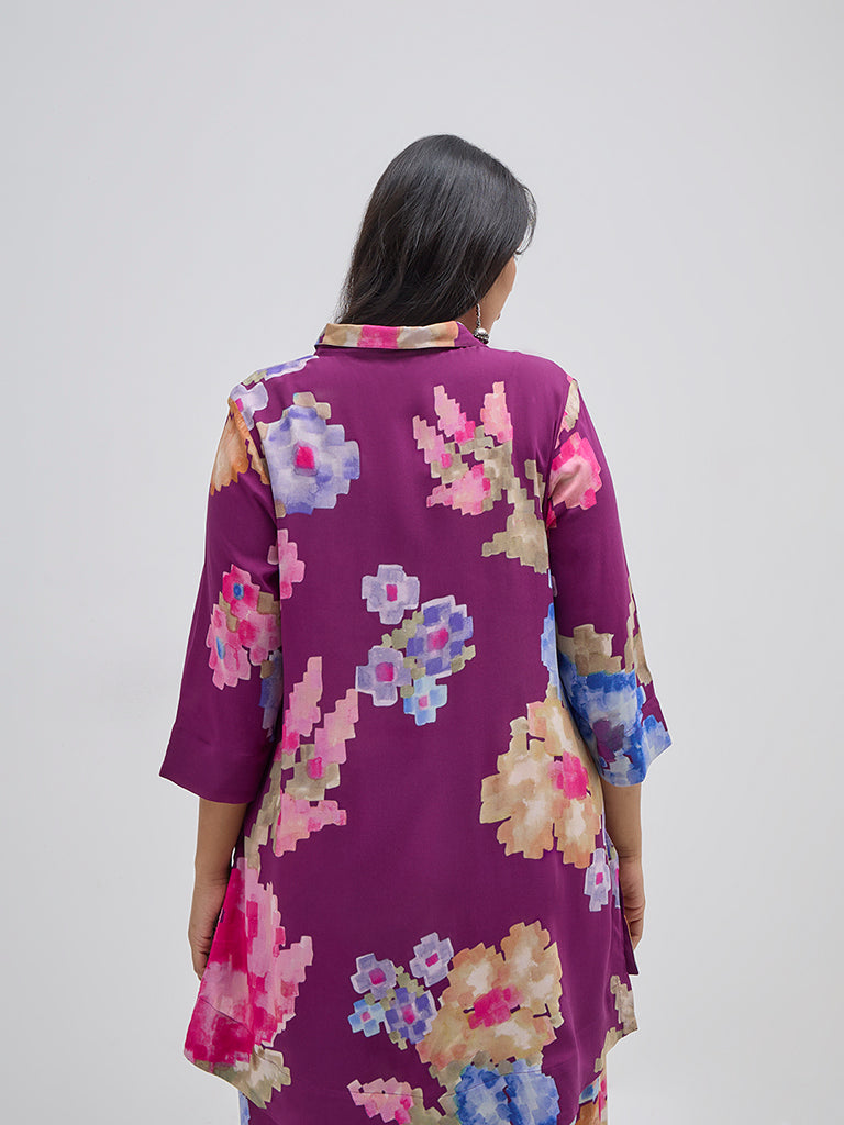 Diza Purple Floral Printed Straight Tunic