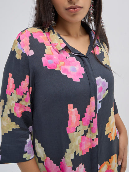 Diza Black Floral Printed High-Low Tunic