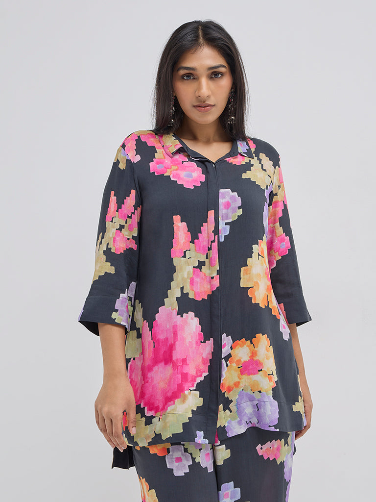 Diza Black Floral Printed High-Low Tunic