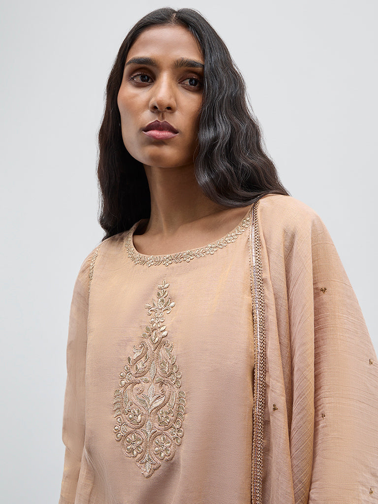 Zuba Peach Embroidered Straight Kurti