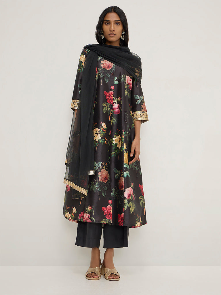 Vark Black Printed A-Line Kurta, Palazzos and Dupatta Set