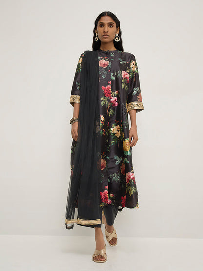 Vark Black Printed A-Line Kurta, Palazzos and Dupatta Set